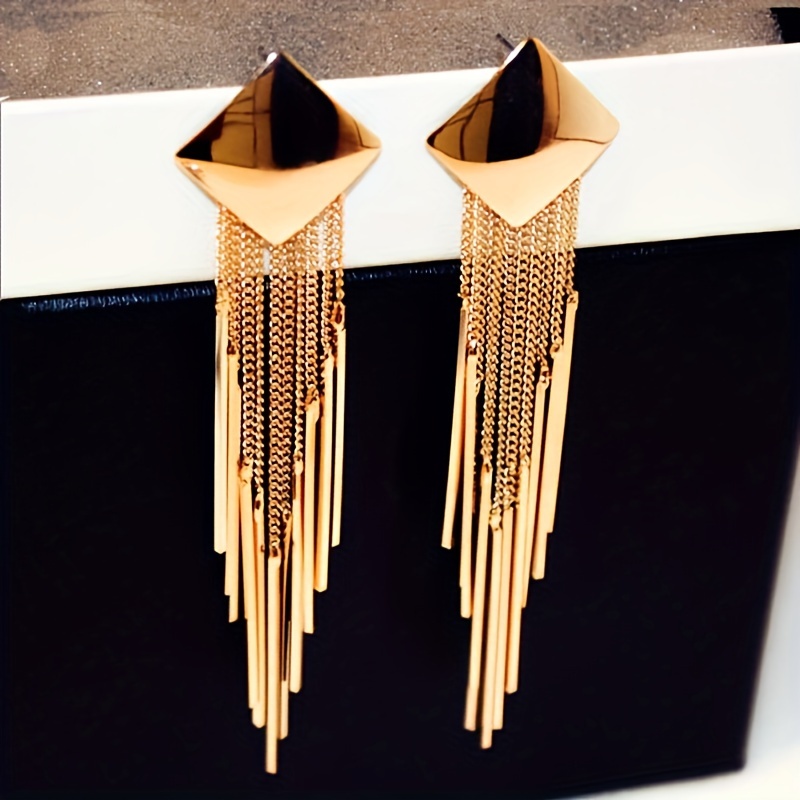 Geometric Square Tassel Earrings, Golden Tone, Stainless Steel Posts